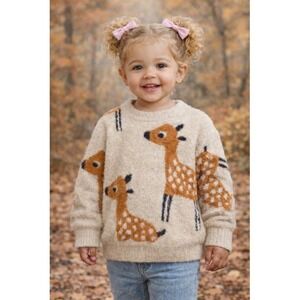 SHEIN Kids Fuzzy Deer Fawn Knit Crewneck Sweater Cream Tan Brown 4T
